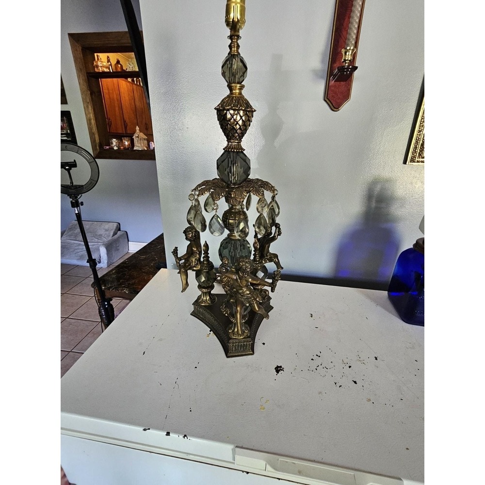 Antique Brass Cherub Chandelier Lamp Vintage Crystal Prism Table Lamp Rare